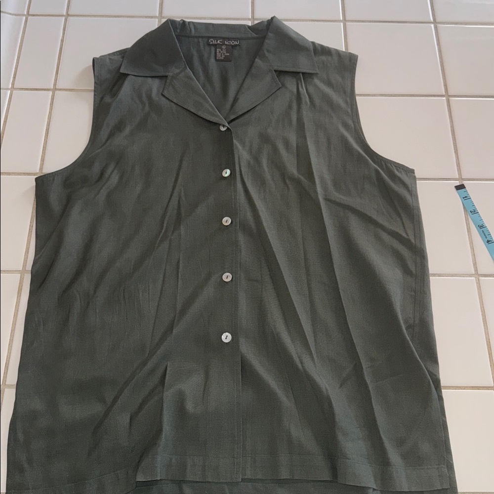 SILK ICON green Sleeveless Button-Down Shirt XL 🐈‍⬛